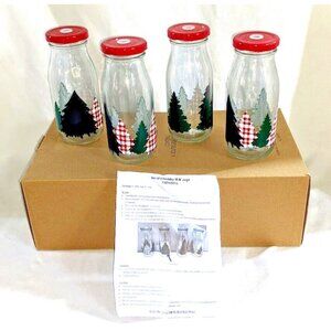 Avon Set of 4 Holiday Milk Bottles 8oz – Christmas Glass Jars with Lids NIB